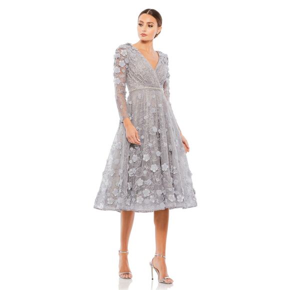 Mac Duggal Long Sleeve Floral Applique Embellished Lace Dress Sterling Size 8 - Picture 1 of 16